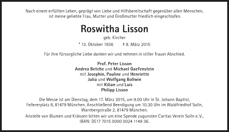  Traueranzeige für Roswitha Lisson vom 14.03.2015 aus Süddeutsche Zeitung