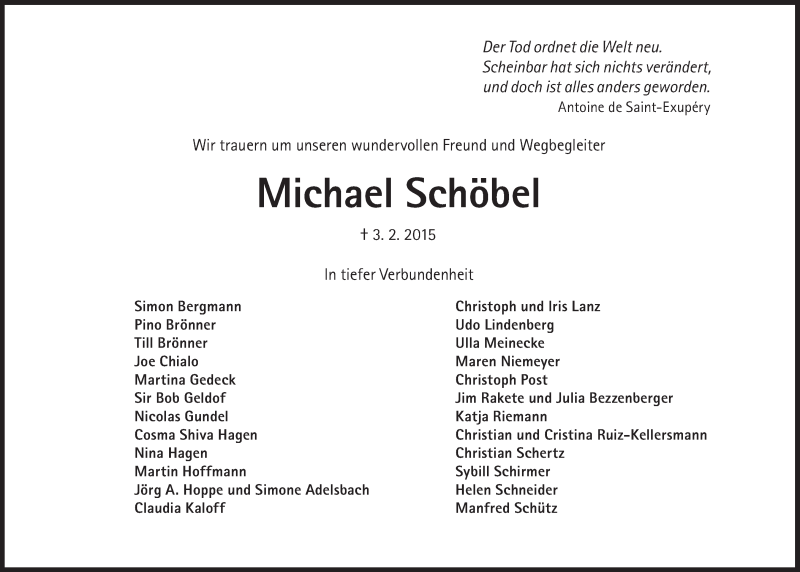  Traueranzeige für Michael Schöbel vom 14.02.2015 aus Süddeutsche Zeitung