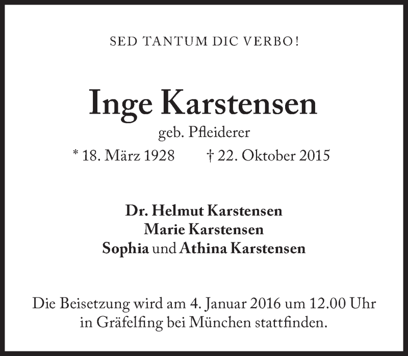 Traueranzeigen Von Inge Karstensen SZ Gedenken De