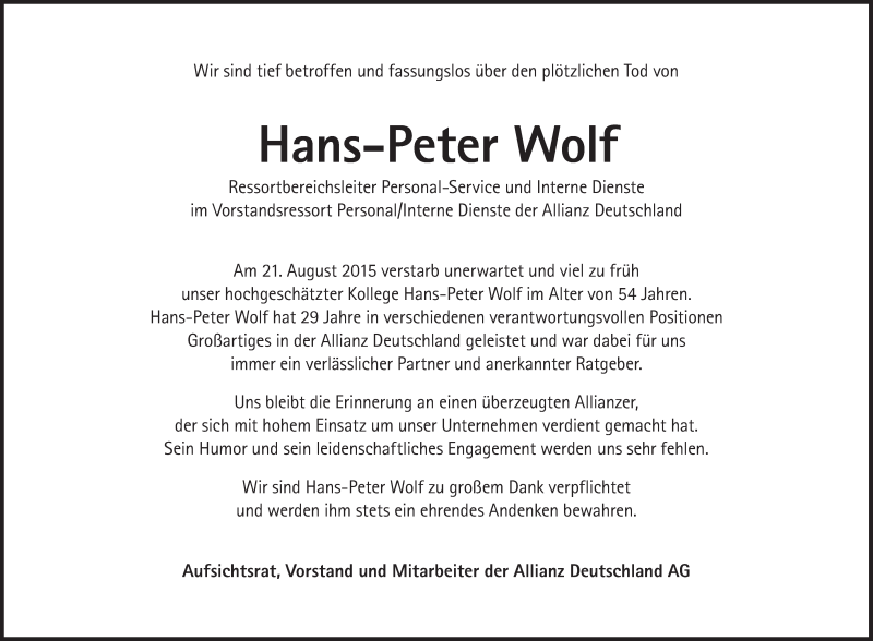  Traueranzeige für Hans-Peter Wolf vom 29.08.2015 aus Süddeutsche Zeitung