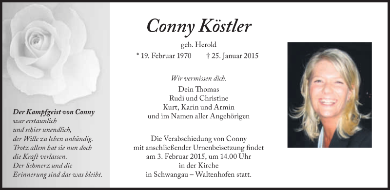  Traueranzeige für Conny Köstler vom 31.01.2015 aus Süddeutsche Zeitung