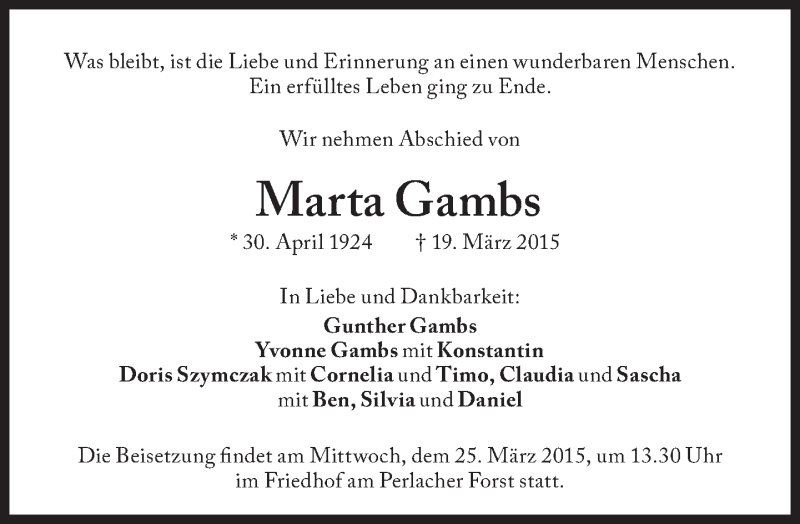 Traueranzeigen Von Marta Gambs Sz Gedenken De