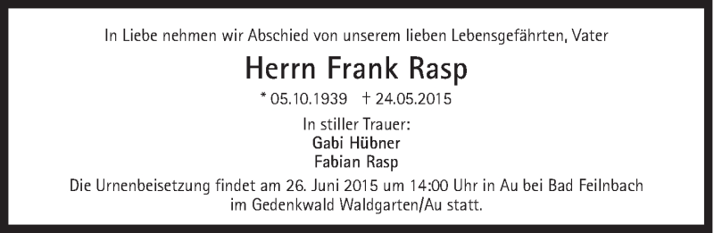 Traueranzeige für Frank Rasp vom 13.06.2015 aus Süddeutsche Zeitung