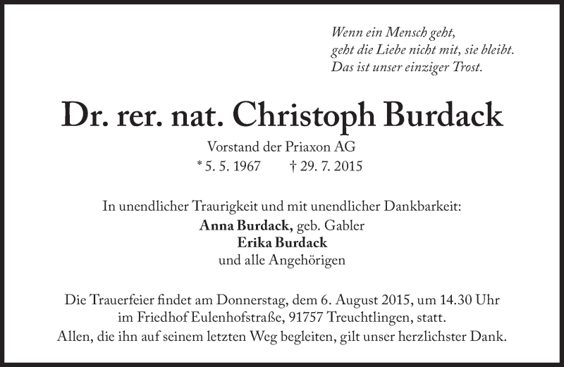  Traueranzeige für Christoph Burdack vom 04.08.2015 aus Süddeutsche Zeitung