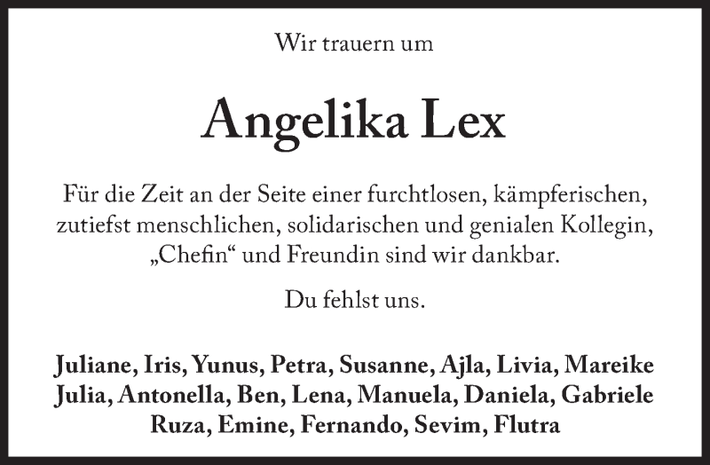  Traueranzeige für Angelika Lex vom 23.12.2015 aus Süddeutsche Zeitung