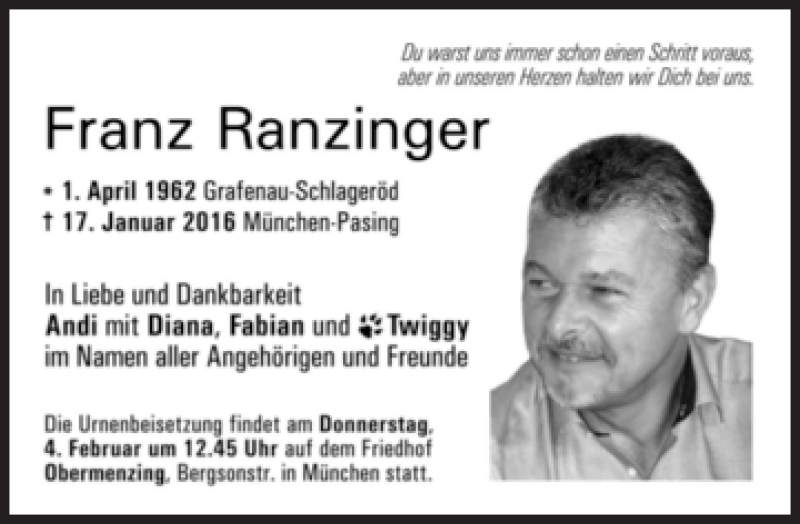  Traueranzeige für Franz Ranzinger vom 30.01.2016 aus Süddeutsche Zeitung