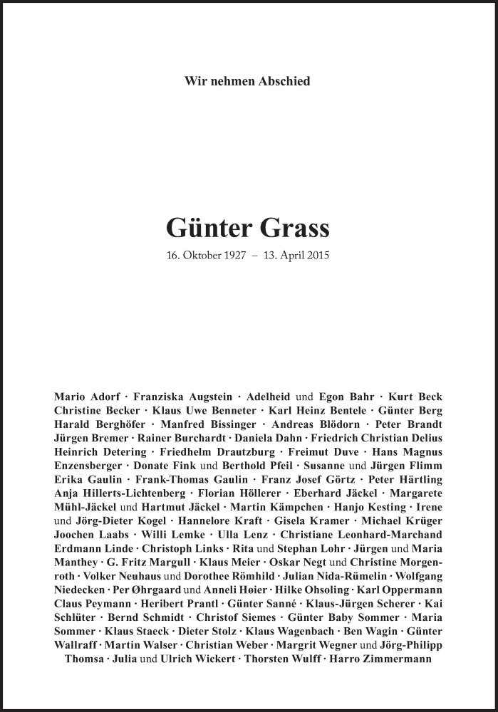  Traueranzeige für Günter Grass vom 09.05.2015 aus Süddeutsche Zeitung