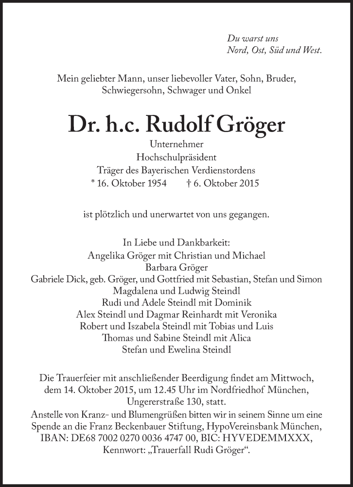  Traueranzeige für Rudolf Gröger vom 09.10.2015 aus Süddeutsche Zeitung