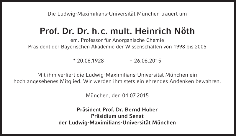  Traueranzeige für Heinrich Nöth vom 04.07.2015 aus SZ Trauer