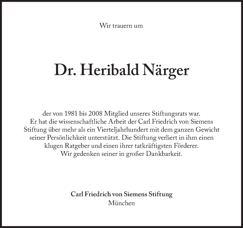  Traueranzeige für Heribald Närger vom 05.05.2015 aus Süddeutsche Zeitung