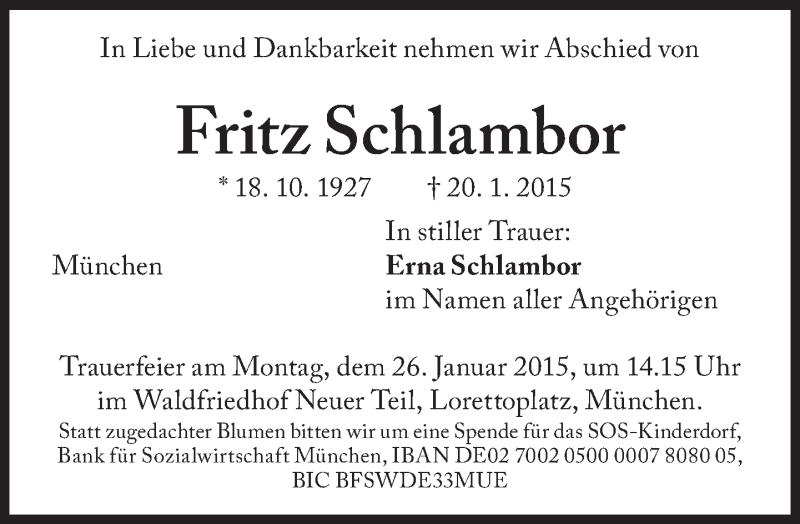  Traueranzeige für Fritz Schlambor vom 23.01.2015 aus Süddeutsche Zeitung