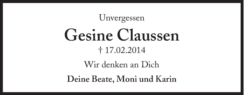  Traueranzeige für Gesine Claussen vom 17.02.2015 aus Süddeutsche Zeitung
