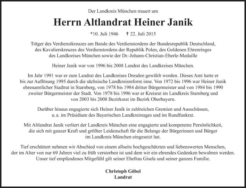  Traueranzeige für Heiner Janik vom 25.07.2015 aus Süddeutsche Zeitung