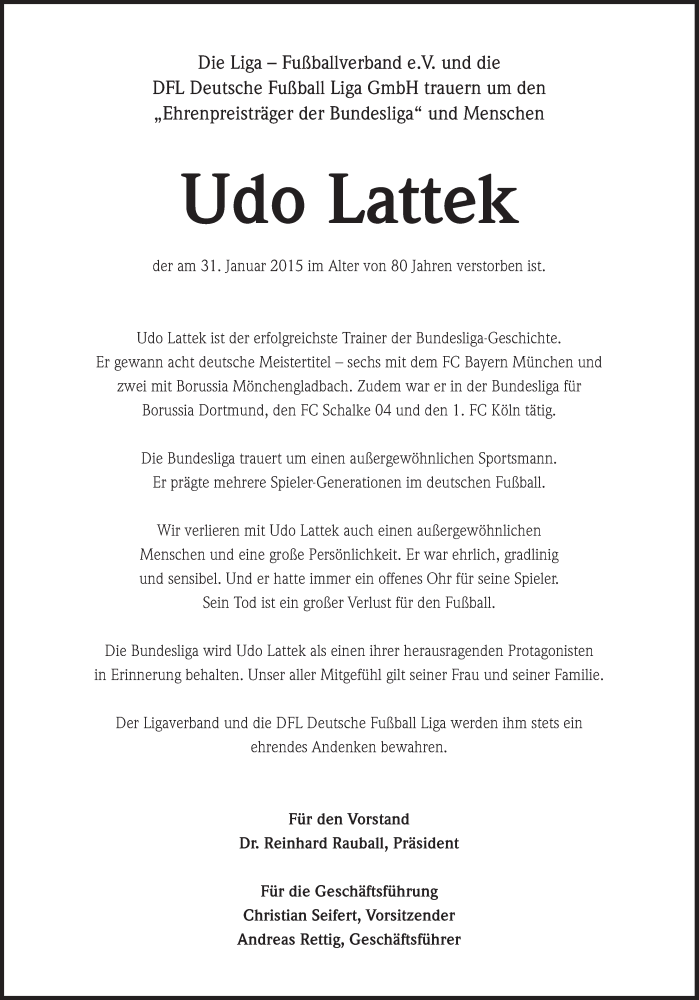  Traueranzeige für Udo Lattek vom 13.02.2015 aus Süddeutsche Zeitung