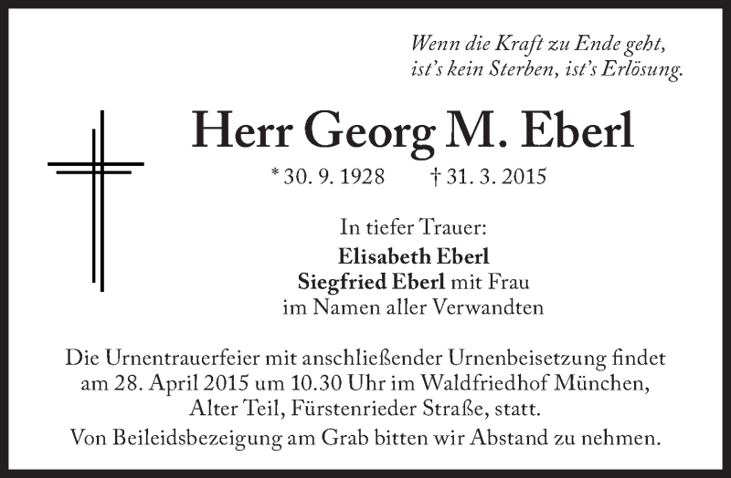  Traueranzeige für Georg M. Eberl vom 24.04.2015 aus Süddeutsche Zeitung