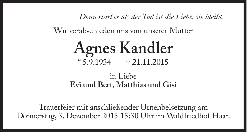  Traueranzeige für Agnes Kandler vom 27.11.2015 aus Süddeutsche Zeitung