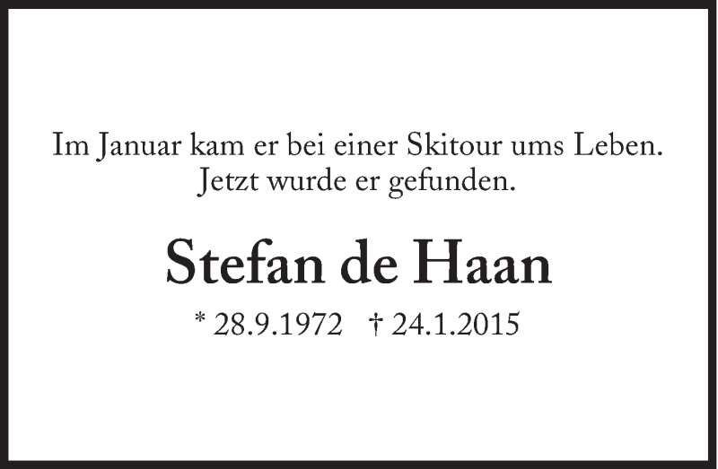  Traueranzeige für Stefan de Haan vom 18.05.2015 aus Süddeutsche Zeitung