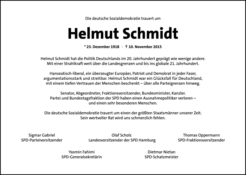  Traueranzeige für Helmut Schmidt vom 14.11.2015 aus Süddeutsche Zeitung
