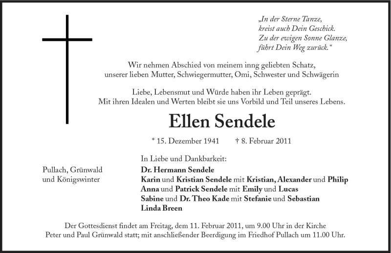  Traueranzeige für Ellen Sendele vom 10.02.2011 aus Süddeutsche Zeitung