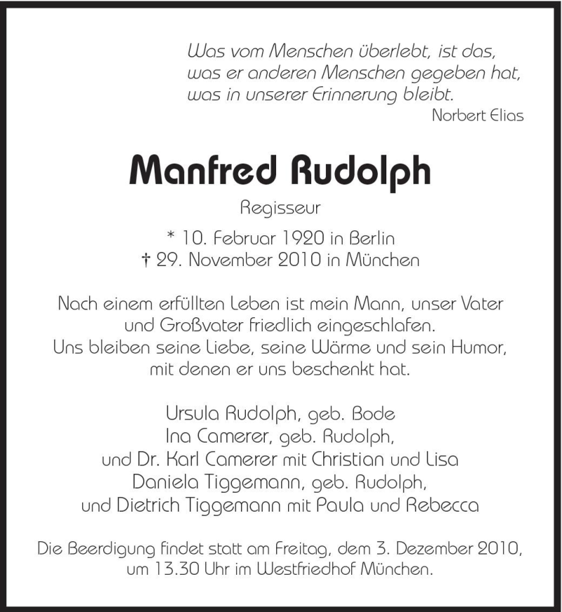  Traueranzeige für Manfred Rudolph vom 02.12.2010 aus Süddeutsche Zeitung