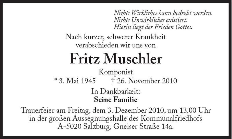  Traueranzeige für Fritz Muschler vom 29.11.2010 aus Süddeutsche Zeitung