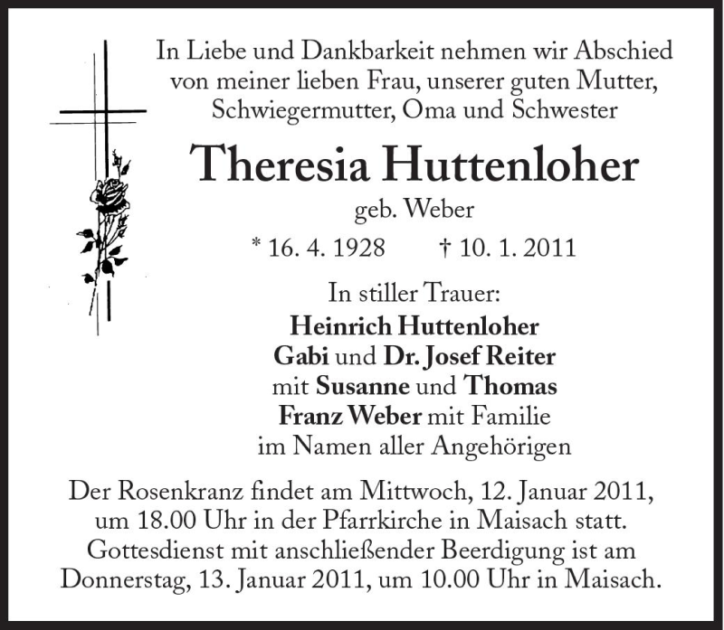 Traueranzeigen Von Theresia Huttenloher Sz Gedenken De