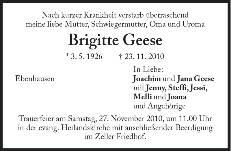 Traueranzeigen Von Brigitte Geese Sz Gedenken De