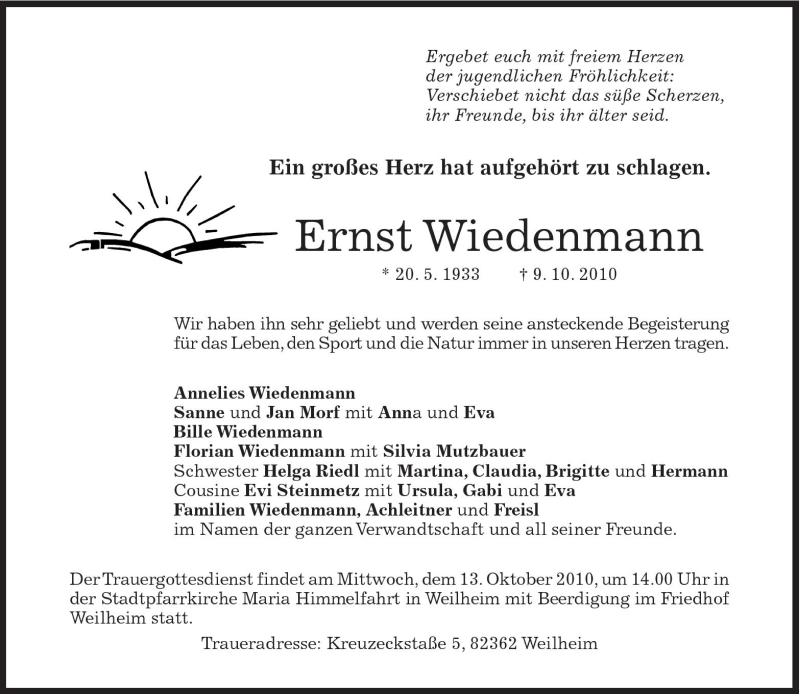 Traueranzeigen Von Ernst Wiedenmann Sz Gedenken De