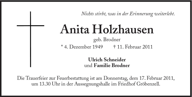  Traueranzeige für Anita Holzhausen vom 15.02.2011 aus Süddeutsche Zeitung