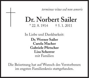 Traueranzeigen Von Norbert Sailer Sz Gedenken De