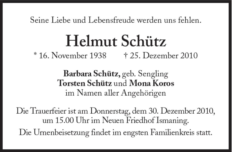 Traueranzeigen von Helmut Schütz SZ Gedenken de