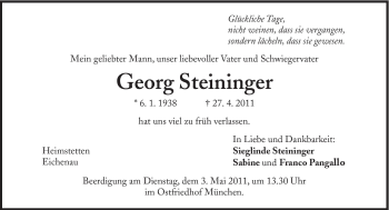 Traueranzeige von Georg Steininger von Süddeutsche Zeitung