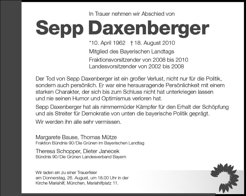  Traueranzeige für Sepp Daxenberger vom 21.08.2010 aus Süddeutsche Zeitung