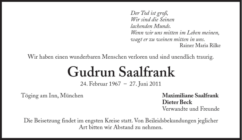  Traueranzeige für Gudrun Saalfrank vom 28.06.2011 aus Süddeutsche Zeitung