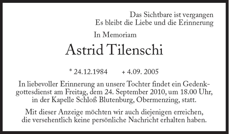  Traueranzeige für Astrid Tilenschi vom 04.09.2010 aus Süddeutsche Zeitung