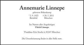 Traueranzeige von Annemarie Linnepe von Süddeutsche Zeitung