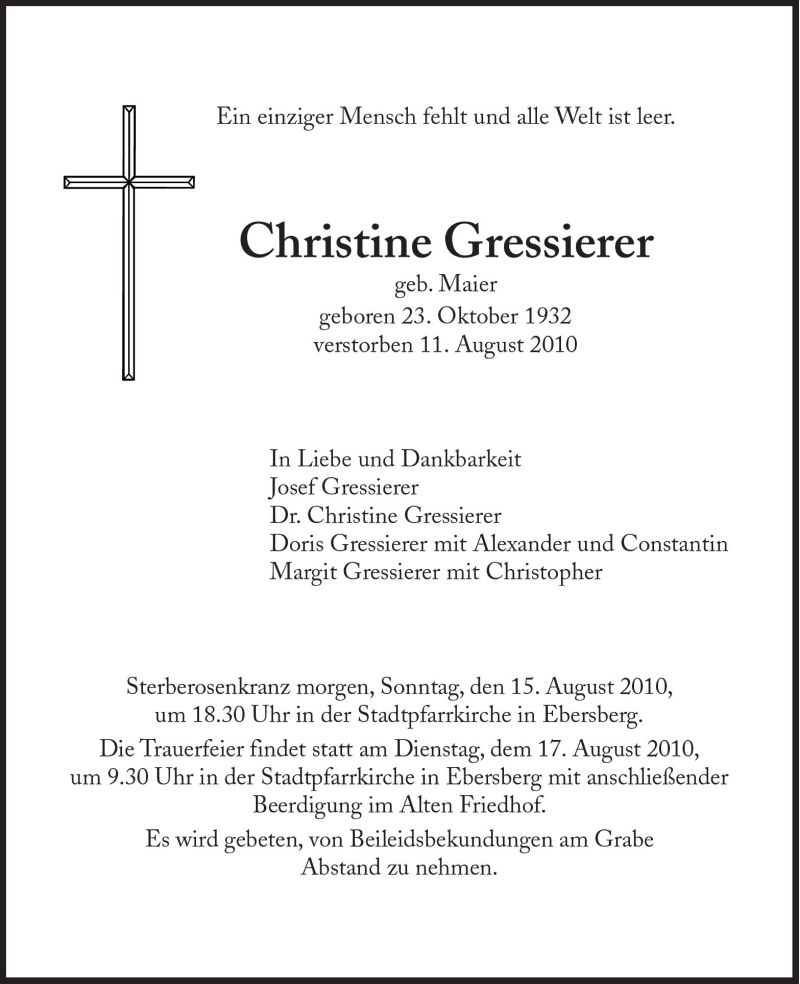 Traueranzeigen Von Christina Gressierer SZ Gedenken De