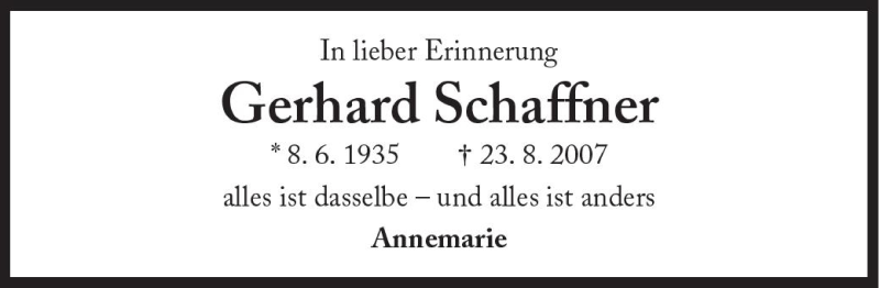  Traueranzeige für Gerhard Schaffner vom 23.08.2010 aus Süddeutsche Zeitung