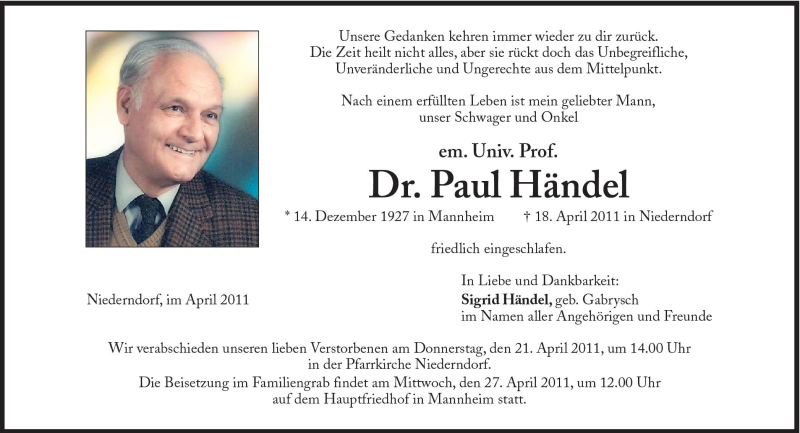  Traueranzeige für Paul Händel vom 20.04.2011 aus Süddeutsche Zeitung