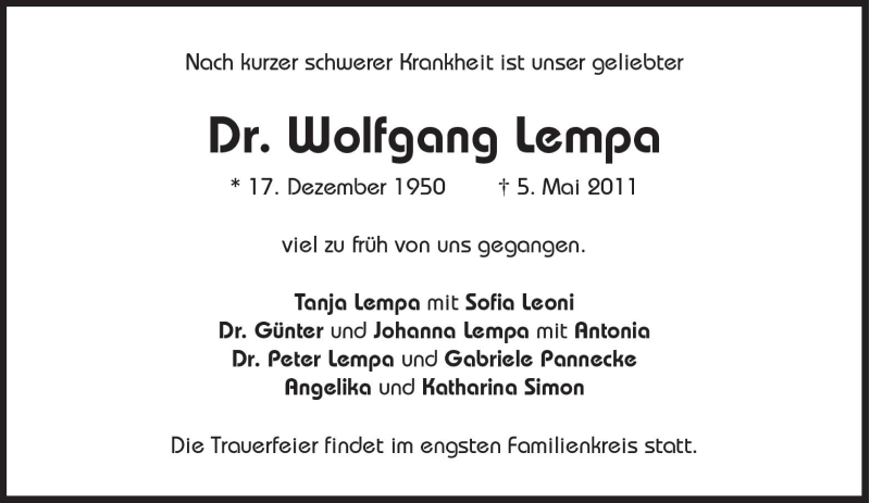  Traueranzeige für Wolfgang Lempa vom 10.05.2011 aus Süddeutsche Zeitung