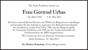 Traueranzeige von Gertrud Urbas von Süddeutsche Zeitung