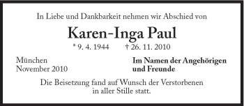 Traueranzeigen Von Paul Karen Inga Sz Gedenken De