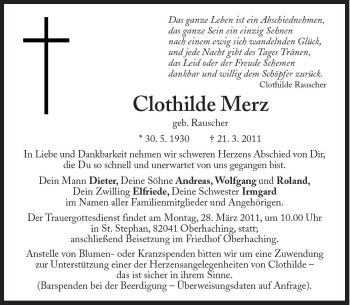 Traueranzeigen Von Clothilde Merz SZ Gedenken De