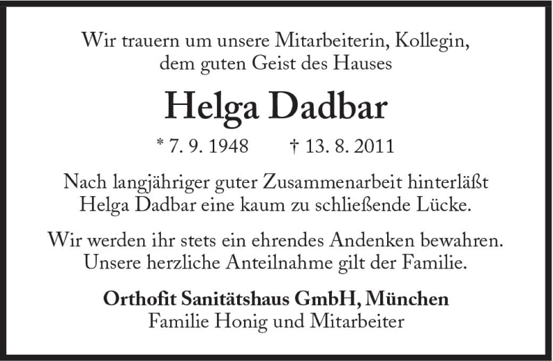  Traueranzeige für Helga Dadbar vom 18.08.2011 aus Süddeutsche Zeitung