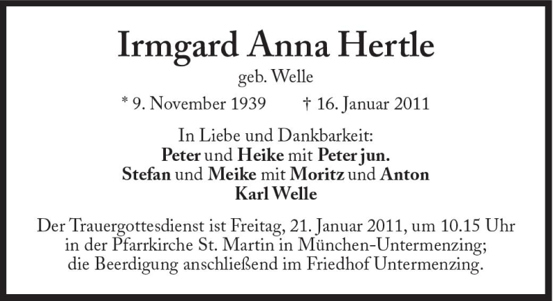 Traueranzeigen Von Irmgard Anna Hertle Sz Gedenken De