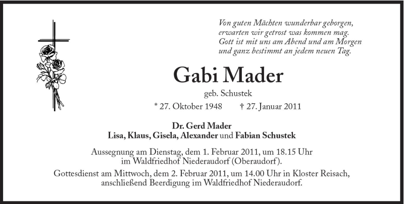 Traueranzeigen Von Gabi Mader Sz Gedenken De