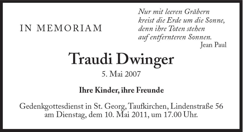 Traueranzeige für Traudi Dwinger vom 05.05.2011 aus Süddeutsche Zeitung