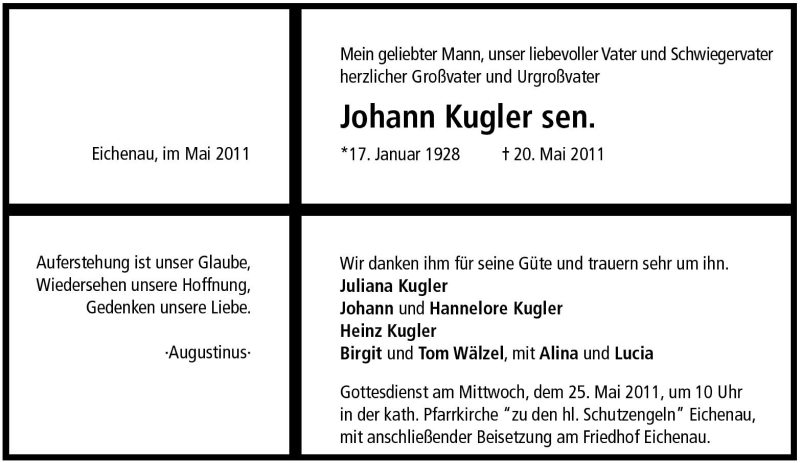 Traueranzeigen Von Johann Kugler Sen SZ Gedenken De