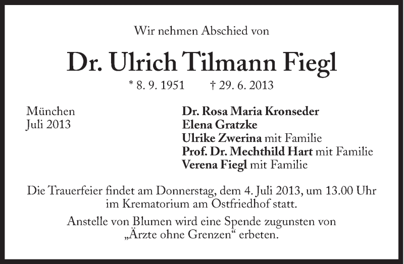  Traueranzeige für Ulrich Tilmann Fiegl vom 03.07.2013 aus SZ Trauer