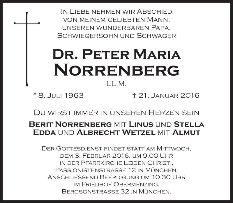  Traueranzeige für Peter Maria Norrenberg vom 30.01.2016 aus Süddeutsche Zeitung